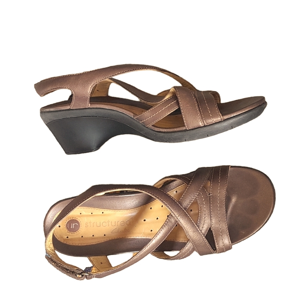 Clarks Unstructured Leather Sandals Size 9 Bronze Strappy Chunky Heel